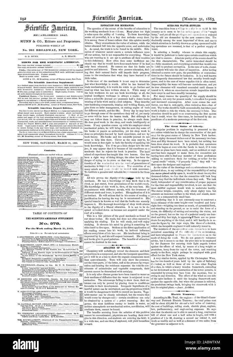 Istruzione per la meccanica. No. 261 Broadway New York. Termini per la Scientific American. Il Scientific American Supplement Scientific American edizione di esportazione. Contenuto. Il Scientific American supplemento n. 37E3 per la settimana che termina il 31 marzo 1833. Siti per approvvigionamenti di acqua. .4 S la Grande Statua della Libertà. Tram elettrico., 1883-03-31 Foto Stock