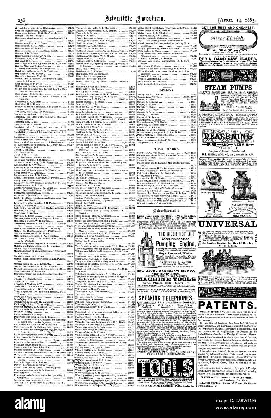 La compressione del motore di pompaggio New Haven Manufacturing Co. Macchine utensili parlando dei telefoni. CET il migliore e più conveniente. VER M I BREVETTI universale. Le pompe a vapore CETE137:2A TED, Scientific American, 1883-04-14 Foto Stock