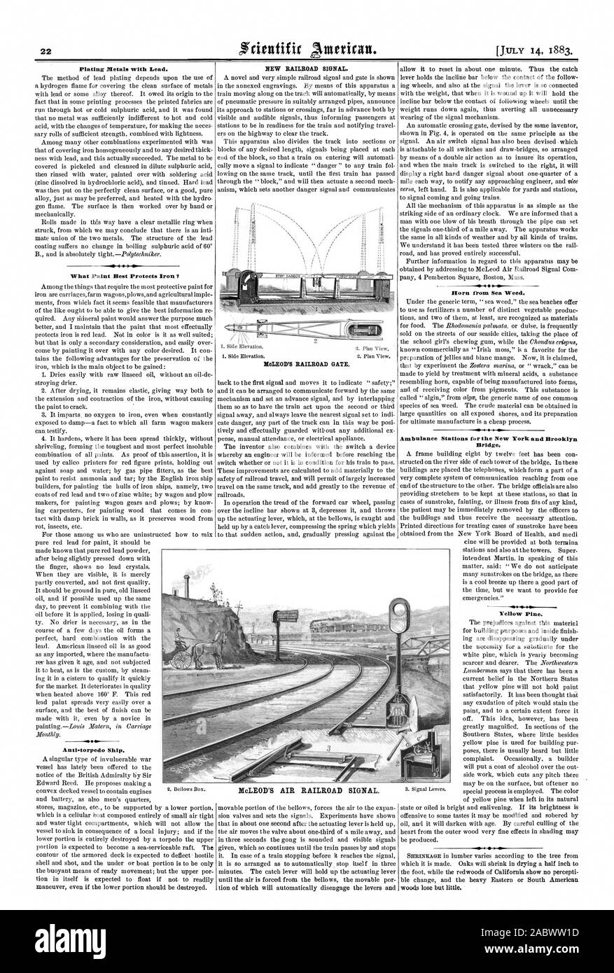 La placcatura di metalli con piombo. Che cosa meglio di vernice protegge il ferro ? Anti-siluro nave. Nuovo segnale ferroviario. NoLEOD FERROVIA DEL GATE. Avvisatore acustico da alghe. OP 4 ponte 0. Pino giallo. 1IcLEOD DELL'ARIA DEL SEGNALE FERROVIARIO., Scientific American, 1883-07-14 Foto Stock