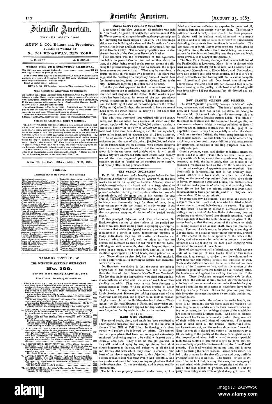 Pubblicato settimanalmente in termini di Scientific American. Il Scientific American Supplement Scientific American edizione di esportazione. Contenuto. Approvvigionamento di acqua per la città di NEW YORK. La CARSON footprint. Disco di pavimenti in legno. Come colonne di granito sono lucidate. (Illustrato gli articoli sono contrassegnati con un asterisco.) Il Scientific American SUPPLEMENT 390, 1883-08-25 Foto Stock