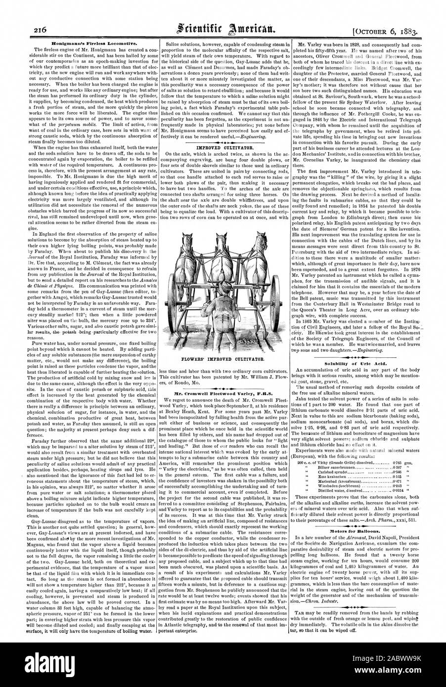 Coltivatore migliorata. Fiori" migliorata in un coltivatore. Il sig. Cromwell Fleetwood Varley F.A.S. Il 6 ottobre 1883. Solubilità di acido urico. 66 46 66 motori per palloncini., Scientific American, 1883-10-06 Foto Stock