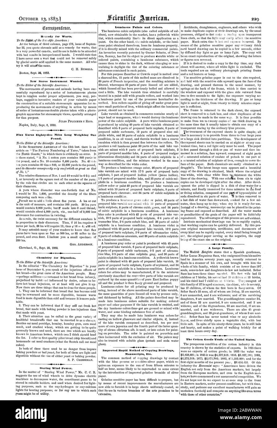Rimedio per le verruche. Nuovo strumento Stereo voluto. Filati di lino ottanta-live miglia lungo il peso di una libbra. GEO. ANDERSON. La chimica per la digestione. Immagazzinare energia eolica. Vernici luminose e colori. Miglioramento rapido il procedimento di copia di disegni manoscritti ecc. Una grande famiglia. Il cotone del commercio di merci degli Stati Uniti., Scientific American, 1883-10-13 Foto Stock