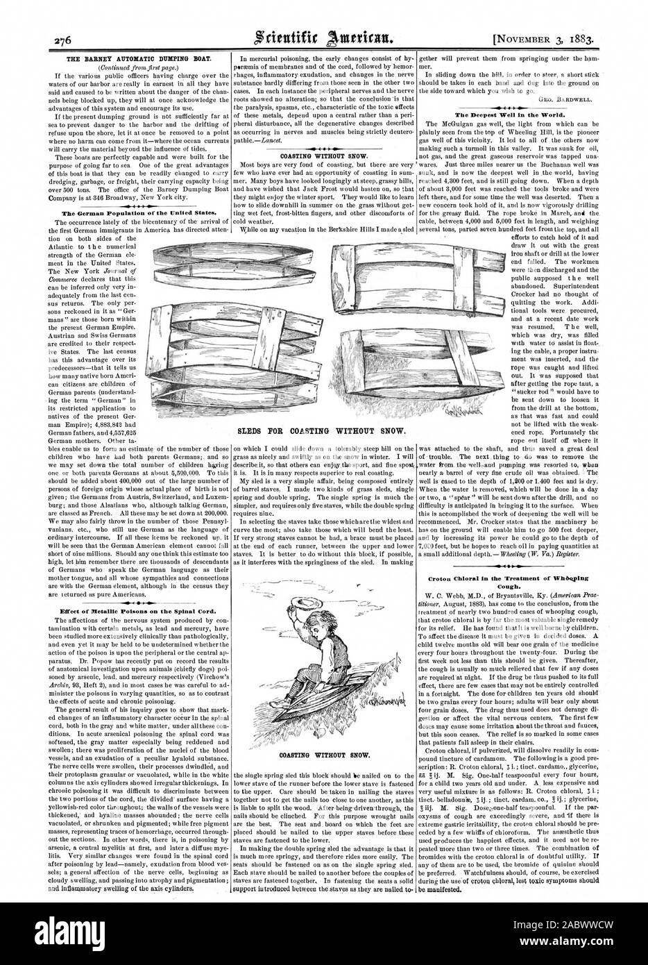 Il BARNEY AUTOMATICO BARCA DI DUMPING. Il tedesco della popolazione degli Stati Uniti. Effetto di veleni metallico sul midollo spinale. Il bene più profondo nel mondo. Croton cloralio nel trattamento di tosse Wheqping. Slitte per il movimento per inerzia senza neve., Scientific American, 1883-11-03 Foto Stock