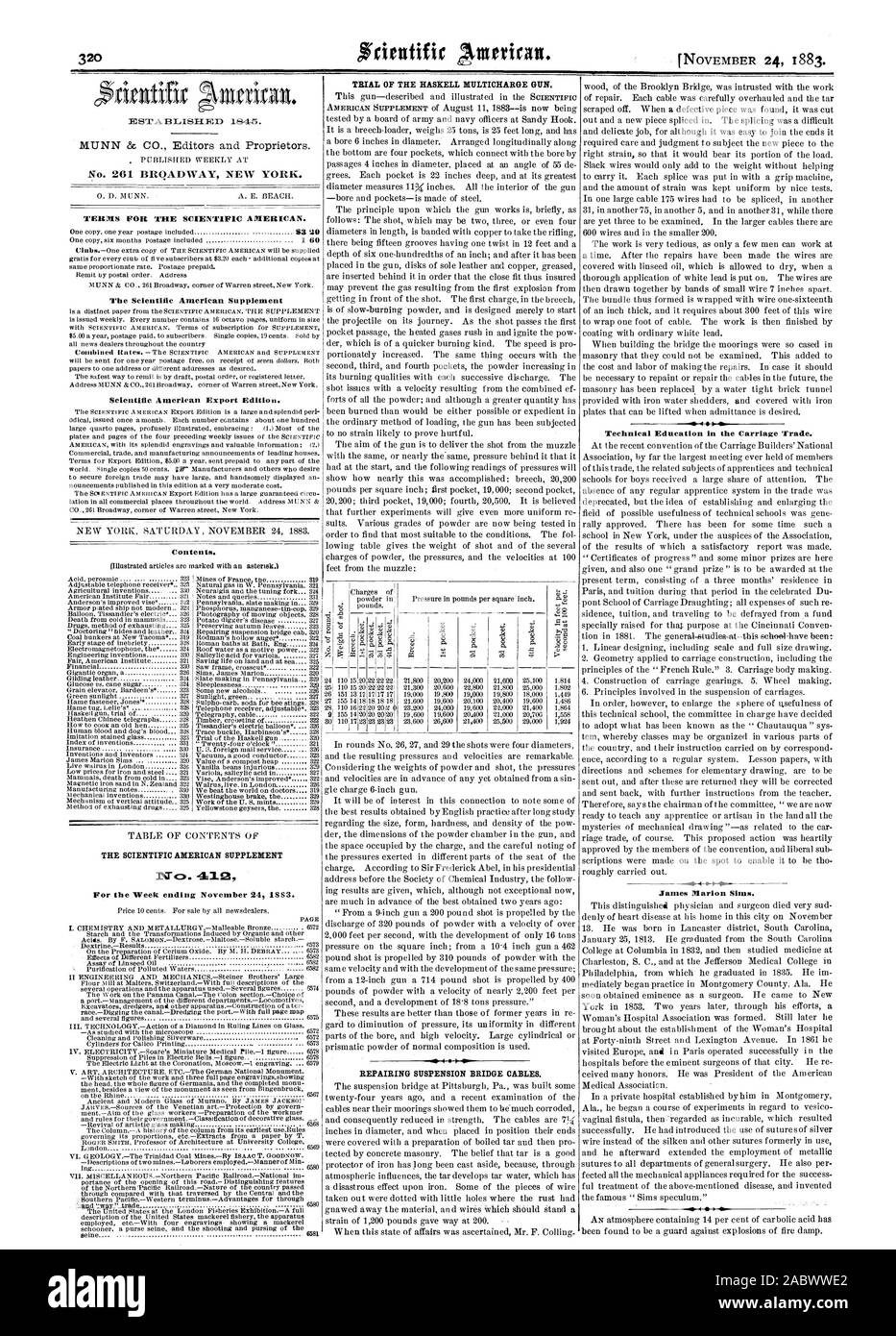 Versione di prova di HASKELL MULTICHARGE pistola. La riparazione di un ponte sospeso di cavi. 40 4 144 Istruzione tecnica del trasporto commerciale. James Marion Sims., Scientific American, 1883-11-24 Foto Stock