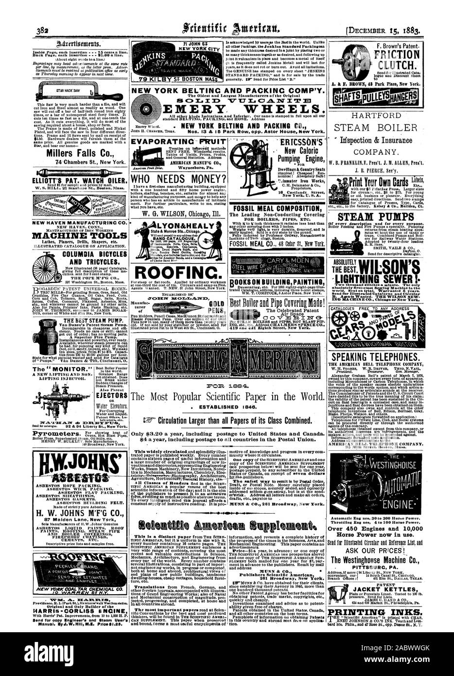 Il pompaggio motore New York U. 5 A. Farina fossile composizione stampare le tue carte Labe' pompe a vapore ilsEtil.WILSON9 - fulmini di fognature due mila punti al minuto. Il solo assolutamente di prima ciaes Slittringg macchina in tutto il mondo. Inviato in prova. Garantito 5 anni. B. pareri conformi voluto. Il Wilson cucire - eiettori penne oro NEW YORK BELTINC E IMBALLAGGIO COMP'Y. NEW YORK cinghie ed Packing Co. Le più antiche e più grandi produttori o f l'originale mole smeriglio. 7'0R 1E3E3.4 . Stabilito 1846. (Minis male a T 13, Scientific American, 1883-12-15 Foto Stock