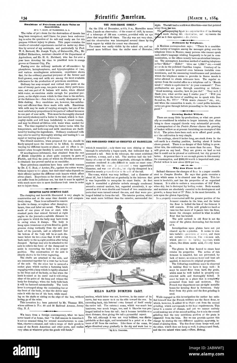 Il 1 marzo 1884. Emulsioni di petrolio e il loro valore come insetticidi. Miglioramento rapido CARRELLO DI DUMPING. Gentilezza dal telefono. 4 Cesto di crescente Willow. "Perché la farina bottino ? HILL'S DUMPING RAPIDO CARRELLO., Scientific American, 1884-03-01 Foto Stock