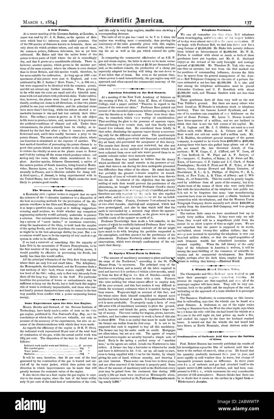 Una nuova patata. La Western inondazioni inevitabile. Alcuni esperimenti su otto motore a gas. Gli scienziati americani sul rosso tramonto. Per equipaggiare una fattoria di grano in Dakota. Telefono Fortune. Un fischio sentito tredici chilometri di vetro., Scientific American, 1884-03-01 Foto Stock