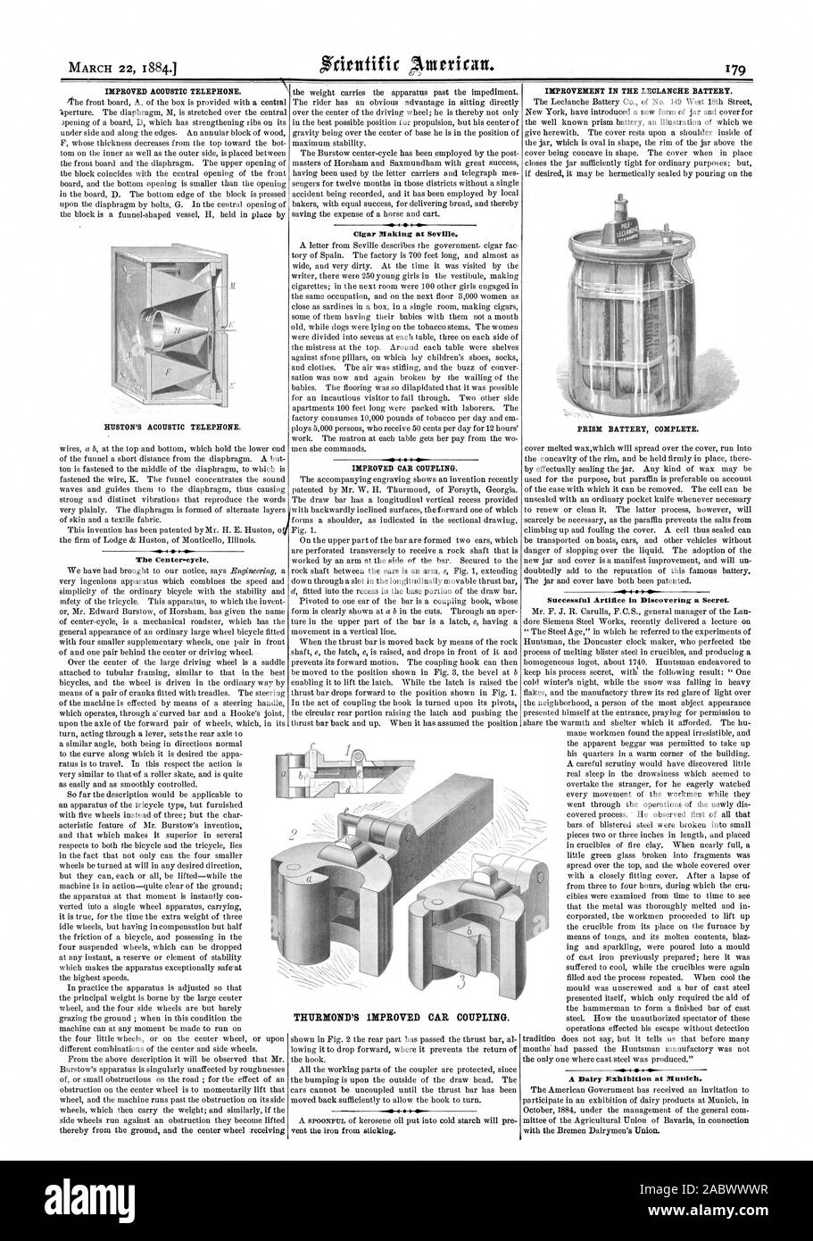 Acustica migliorata telefono. HUSTON acustiche del telefono. Il centro-ciclo. Il sigaro rendendo a Siviglia. Auto migliorato accoppiamento. Miglioramento della batteria LECLANCHE. Prisma completo della batteria. Artificio di successo nella scoperta di un segreto. Una fiera del latte a Monaco di Baviera. THURMOND migliorato accoppiamento auto., Scientific American, 1884-03-22 Foto Stock
