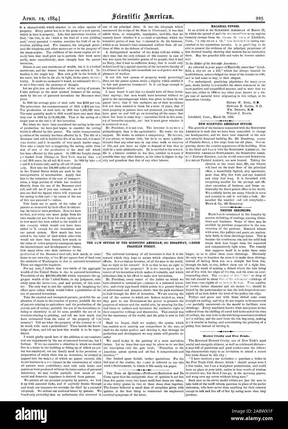 Febbri malariche. Nuovo Scientific American uffici. Contrazione irregolare. Medico Crosby e il libero scambio. I nuovi uffici del Scientific American 361 Broadway corner Franklin Street., 1884-04-12 Foto Stock