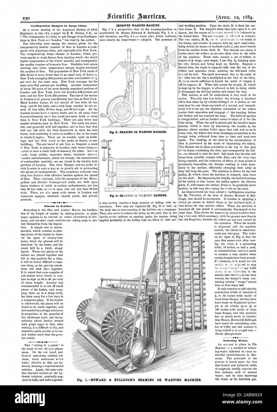 Conflagrazione pericoli nelle grandi città. Il glucosio in pelle. "Addolcimento dell'acqua. Fig. IHOWARD & BULLOUGH la trasmissione via IR o macchina di orditura., Scientific American, 1884-04-12 Foto Stock