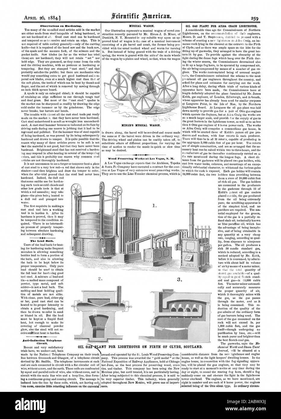 Osservazioni sulla Protezione avanzata. Il bagno di piombo. Circuito. Nuclei di ferro esercizio poco effetto ritardante sulle correnti' carro musicale. Il minatore musicale del carro. 4 k legno conservazione delle opere a Las Vegas N. M. ance. Olio impianto gas per AILSA CRAIG FARO. Olio LIGHTHOUSE GA ANT PER sul Firth of Clyde SCOZIA., Scientific American, 1884-04-26 Foto Stock