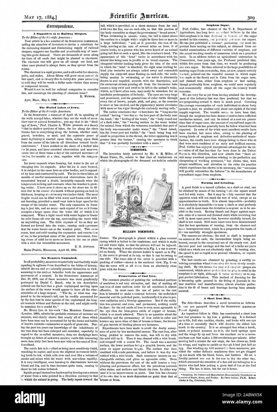 Un suggerimento per traversine ferroviarie. I Laghi di murata di Iowa. Mostri marini smascherato. Oggetto contrassegnato per la rimozione definitiva. MILLER oggetto contrassegnato per la rimozione definitiva. Conservazione di ghisa. Sorgo Zucchero. Tornitura e rettifica. Un foglio di ferro. di gallina, Scientific American, 1884-05-17 Foto Stock