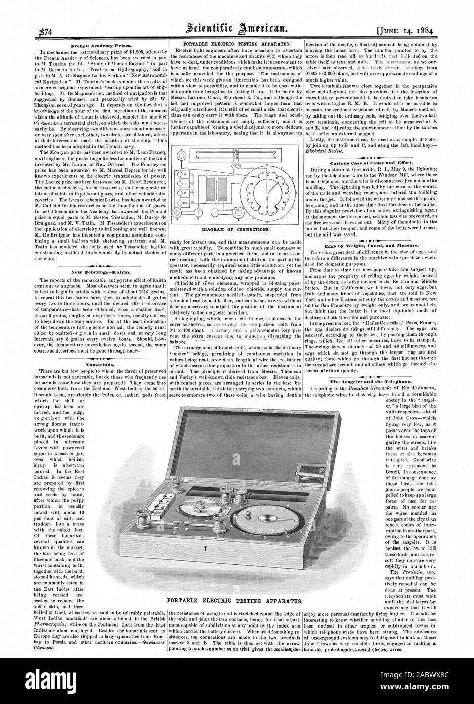 Accademia francese premi. Nuovo Febrifuge Kairin. Tamarindi. Elettrica portatile apparecchiatura di test. Schema dei collegamenti. Curioso Caso di causa ed effetto. Il Aasgeier e il telefono. Elettrica portatile apparecchiatura di test., Scientific American, 1884-06-14 Foto Stock