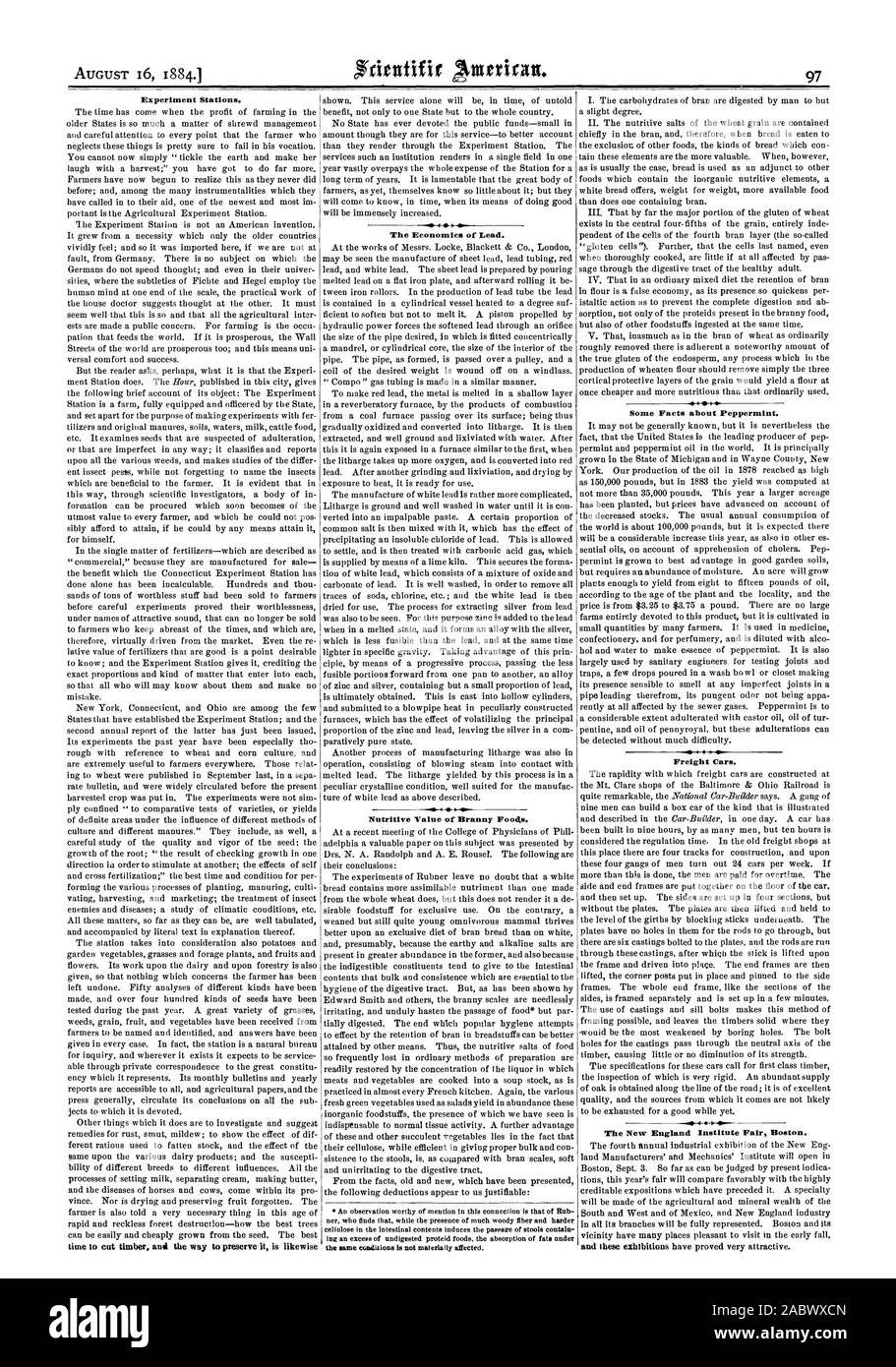 Stazioni di esperimento. L'economia di piombo. Il valore nutritivo degli alimenti Branny. Alcuni fatti circa la menta piperita. Nolo auto. Il New England Institute Fair Boston., Scientific American, 1884-08-16 Foto Stock