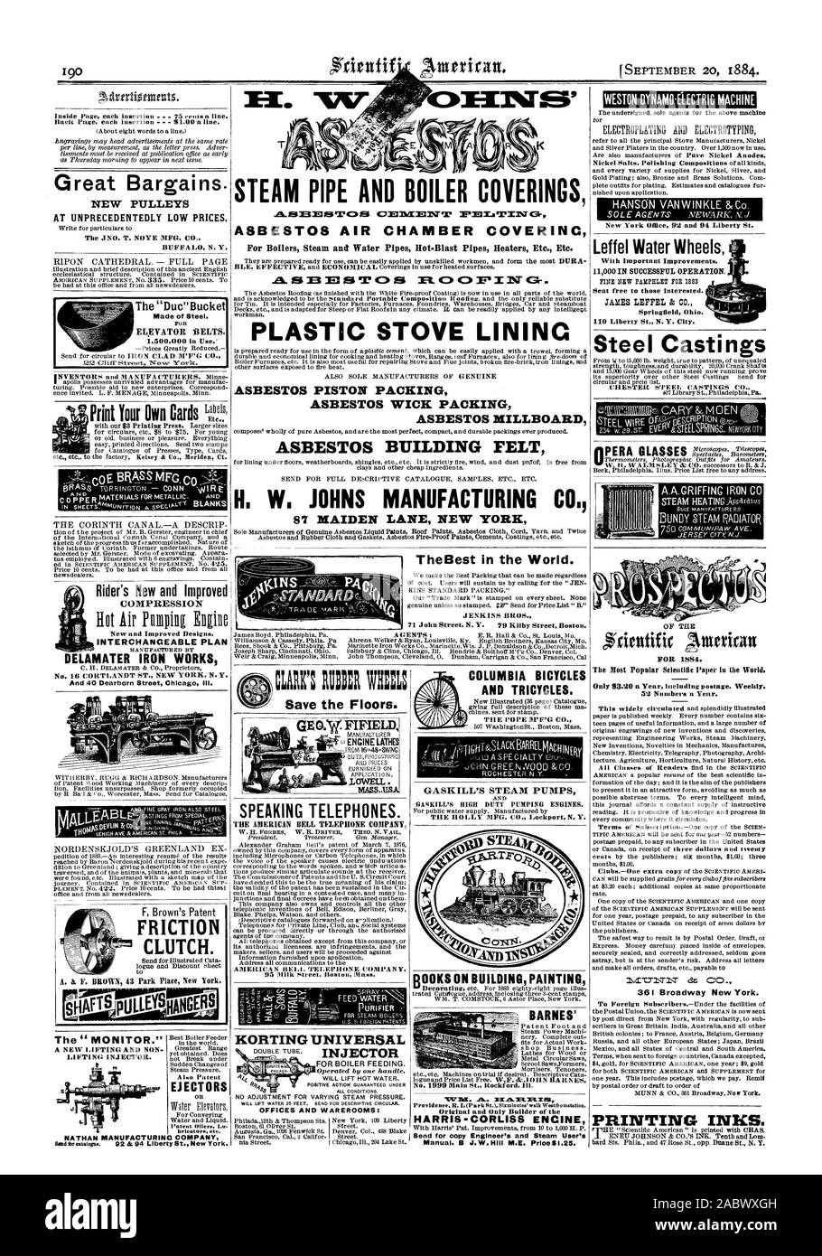 COLUMBIA biciclette e tricicli dando la descrizione completa di questi ma semiscafi. inviato per il timbro. Piastrella l'OPE CO. GASKILL DI POMPE A VAPORE E GASKILL è elevato duty motori di pompaggio. L'Holly MFG. CO. Lockport N.Y. BARNES' KOFITINGUNIVERSAL solleverà l'acqua calda. Azione positiva GARANTITA IN TUTTE LE CONDIZIONI senza alcuna regolazione per variare la pressione del vapore. Se7 Mi. [20 settembre 1884., Scientific American, 1884-09-20 Foto Stock