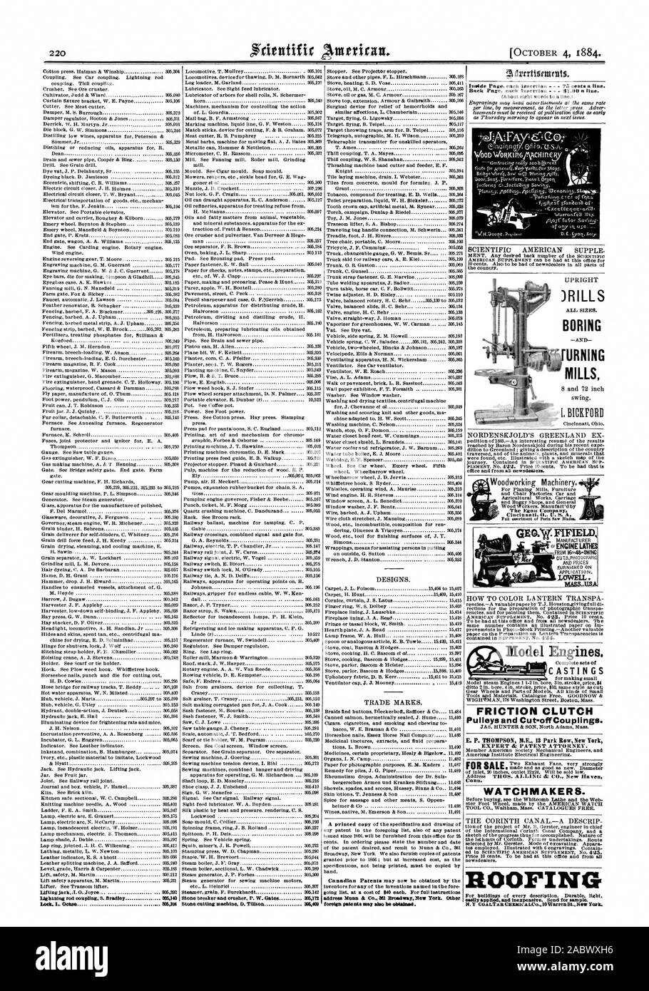 .Realizzato indirizzo THOS. ALLING & CO. New Haven, Connecticut. Orologiai. ster piede ruota realizzati dalla AMERICAN WATCH TOOL CO. Waltham messa. Cataloghi Gratuiti. newsdealers. Coperture per edifici di ogni descrizione. Luce resistente applicata in modo semplice e poco costoso. Inviare per campione. Cincinnati 41 U. S. A. E PRICESLOWELL, Scientific American, 1884-10-04 Foto Stock