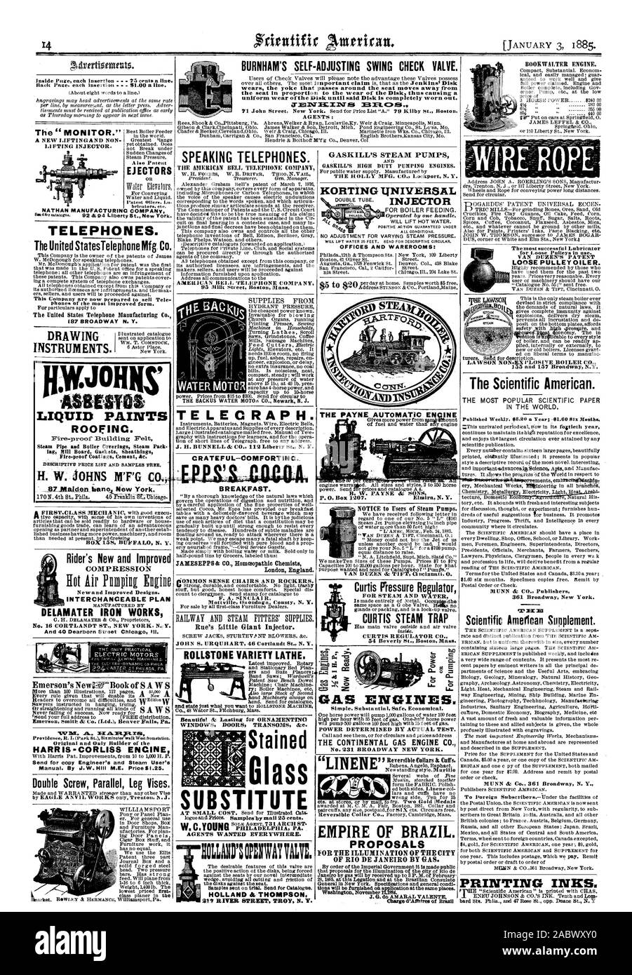 Parlando dei telefoni. Il CHERICAN Bell Telephone Company indossa il giogo che passa attorno alla sede si allontana dalla sede in proporzione alla usura del disco provocando un'usura uniforme del disco fino a detto disco è completamente usurata. 3E1FLOIES. Agenti: Sostituto di Philadelphia PA. Si ricercano Agenti ovunque. Rue del gigante esittle iniettore. JOHN S. URQUHART 46 Cortlandt San N.Y. Finestre porte traversi &c. Il vetro macchiato CRATEFUL-OOMFORTINC.  9 pr JOHN ASSESTOS vernici liquide RooFINC. ing mulino guarnizioni scheda guaine Fire.proof cemento rivestimenti &c. H. W. JOHNS M'F'G CO. GASKILL di pompe a vapore Foto Stock