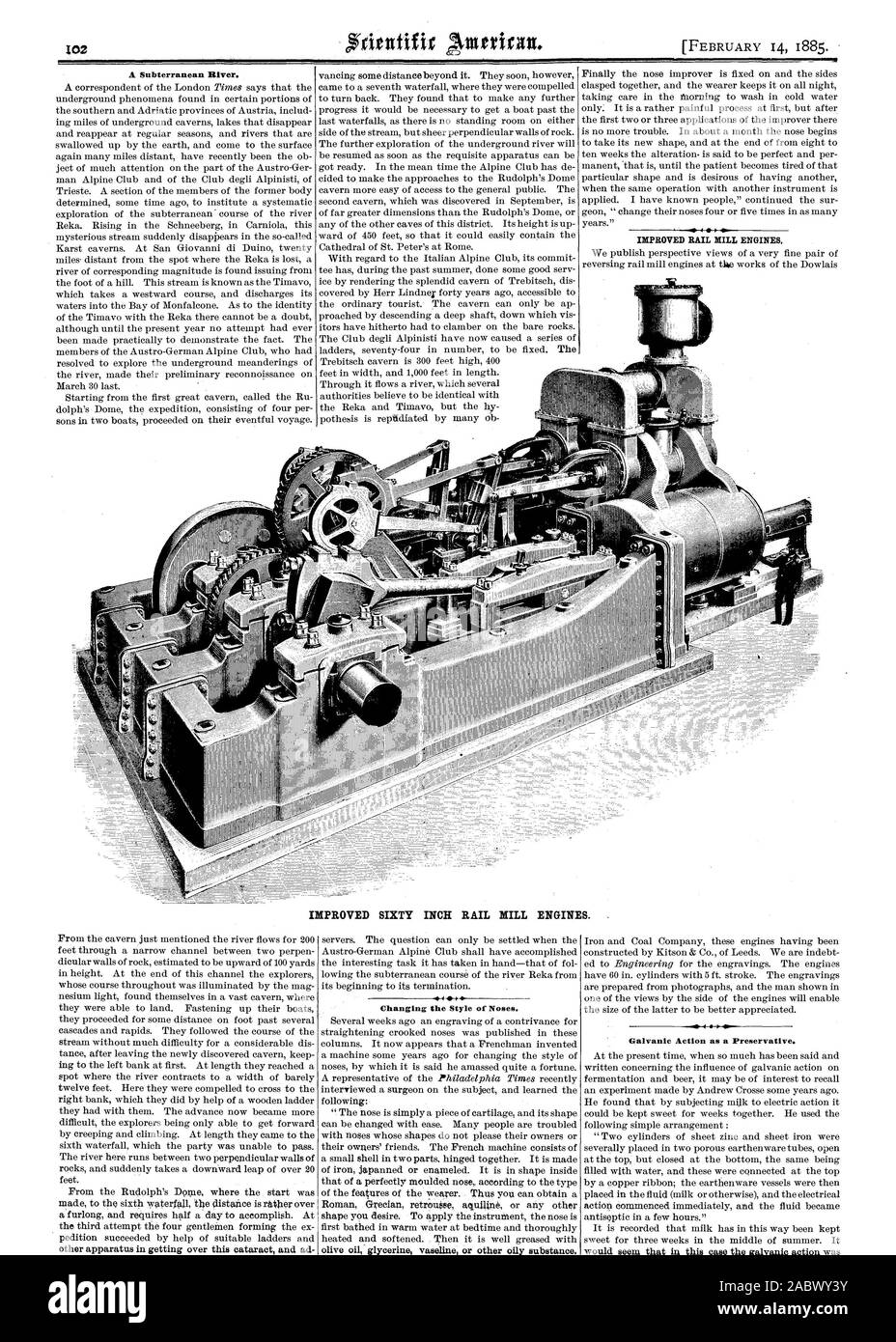 Naso stampato secondo il tipo costruito da Kitson & Co. di Leeds. Siamo indebt azione galvanica come un conservante. Nel presente momento in modo molto è stato detto e scritto in merito all'influenza della corrosione galvanica sulla fermentazione e la birra potrebbe essere di interesse per ricordare, Scientific American, 1885-02-14 Foto Stock