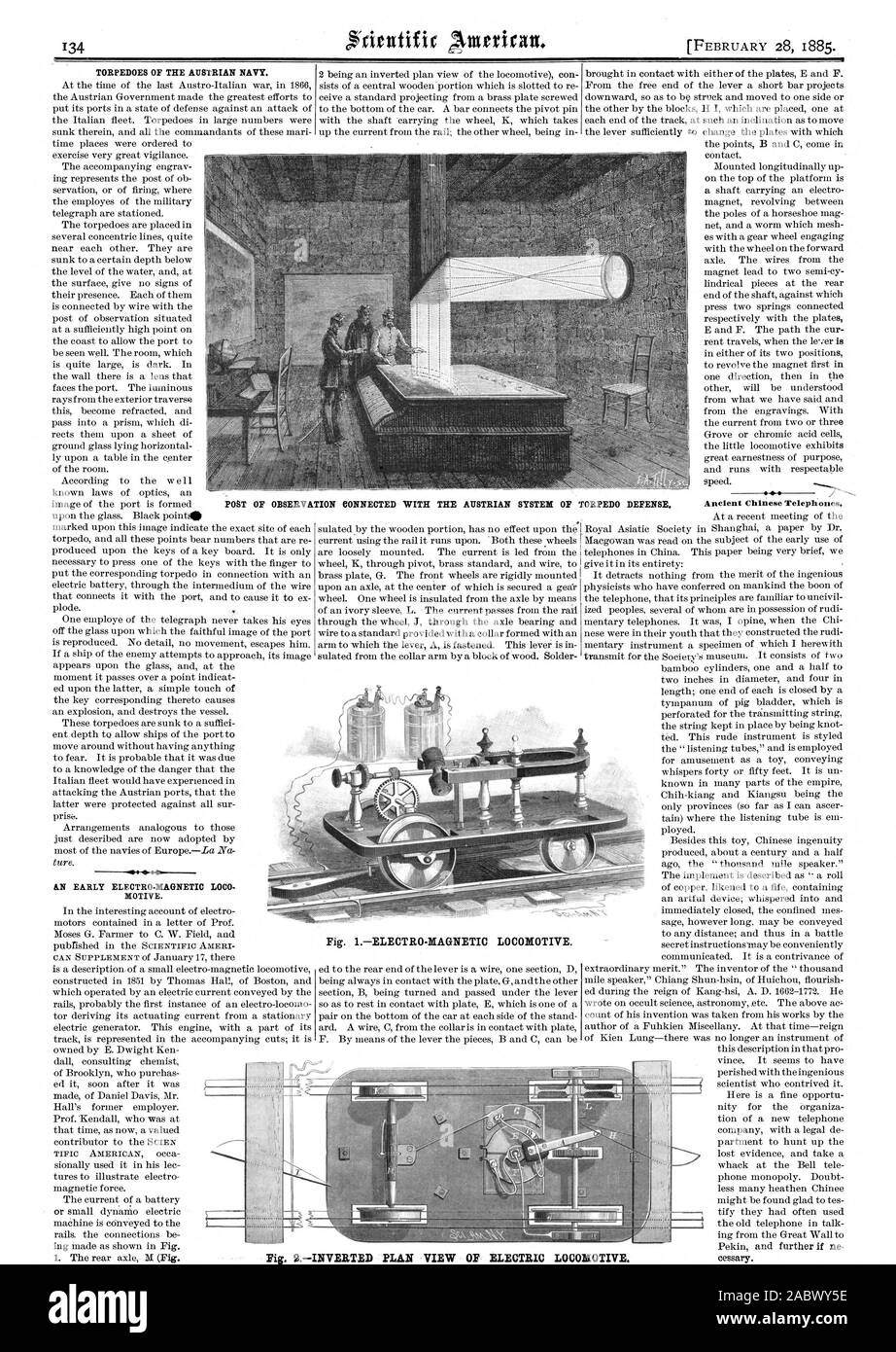 Siluri della marina militare austriaca. Un inizio di elettro-magnetico LOCO MOTIVE. Fig. 1elettro-magnetico di locomotiva. adeguate. Collegato con il sistema austriaco di difesa a siluro. Maiale. 2invertito in pianta del locomotore elettrico., Scientific American, 1885-02-28 Foto Stock