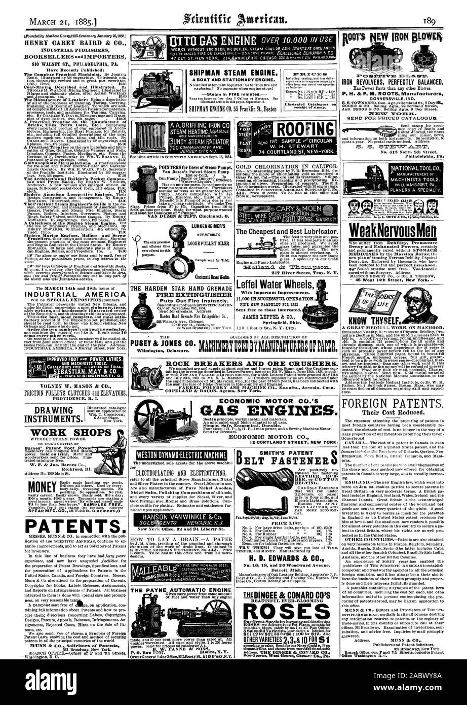 Ekette con direetinn accoppiata poeta sod. 2 bocchette 3 per 'WO RADICI NUOVO FERRO DA STIRO BLOYIEN 21 marzo 1885.1 I COSTRUTTORI DI TUTTA LA DESCRIZIONE DI ROCCIA automatici e i frantoi di minerale. FARREL FONDERIA E MACHINE CO Manufrs. Ansonia Conn.. Motore economico CO. DI MOTORI A GAS. Motore economico CO., Scientific American, 1885-03-21 Foto Stock