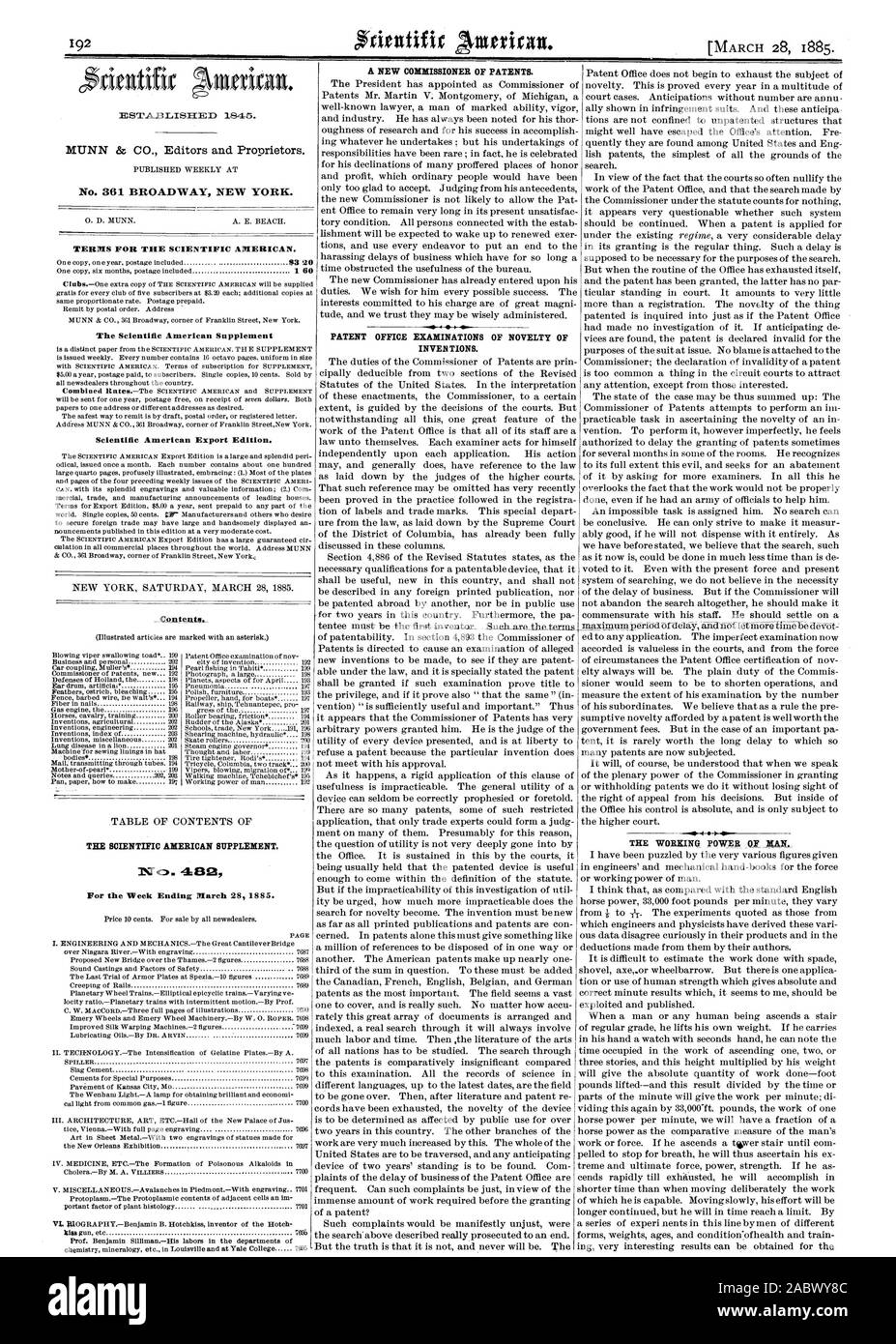 Un nuovo Commissario di brevetti. No. 361 Broadway New York. Termini per la Scientific American. Il Scientific American Supplement Scientific American edizione di esportazione. Il Scientific American supplemento n. 480 per la settimana che termina il 28 marzo 1885. Pagina UFFICIO BREVETTI ESAMI DI NOVITÀ DI INVEE ZIONI., 1885-03-28 Foto Stock