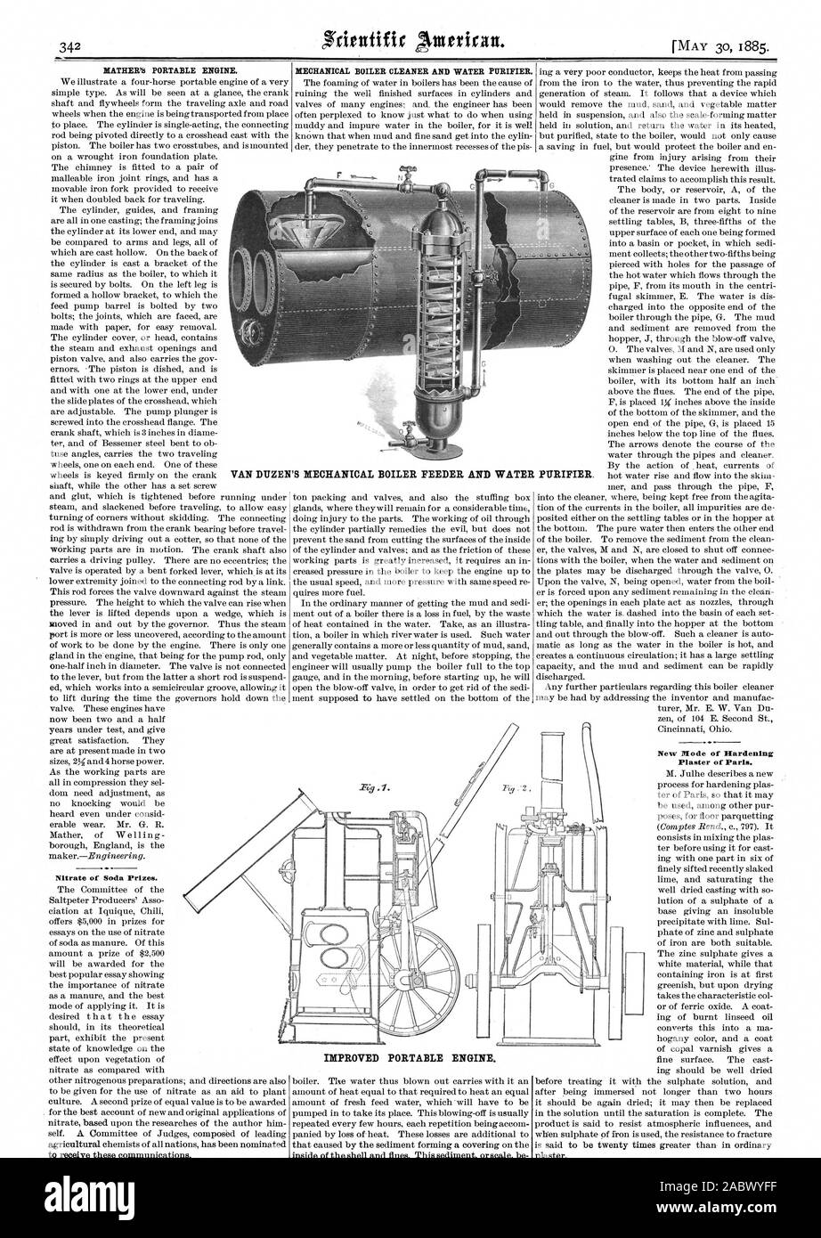 MATHER PORTATILE DEL MOTORE. Nitrato di Soda premi. Meccanica pulitore caldaia e purificatore di acqua. Nuova modalità di indurimento gesso di Parigi. VAN DUZEN meccaniche dell'alimentatore caldaia e purificatore di acqua. Migliorato motore portatile., Scientific American, 1885-05-30 Foto Stock