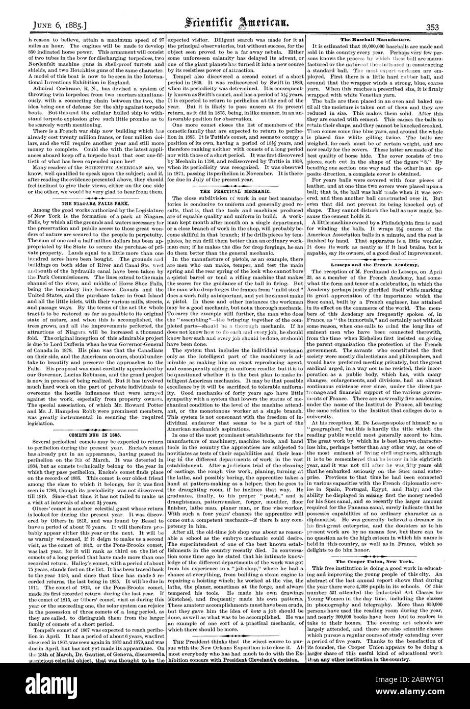 Il Niagara PALLS PARK. Comete dovuti nel 1885. Il pratico meccanico. La fabbricazione di baseball. Lesseps e l'Accademia francese. Cooper Union New York., Scientific American, 1885-06-06 Foto Stock