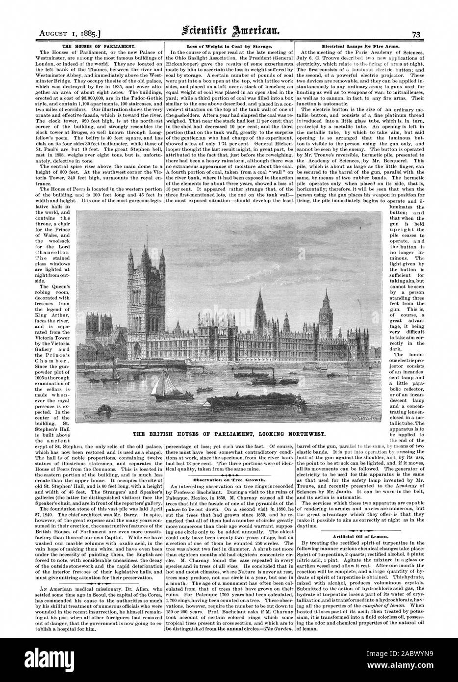 Il ROUSES OP del Parlamento. "-1-4-1-41 perdita di peso in carbone per lo storage. Osservazione sulla crescita degli alberi. Le lampade elettriche per le armi da fuoco. Olio artificiale di limone. Le case britanniche DEL PARLAMENTO guardando verso nord-ovest., Scientific American, 1885-08-01 Foto Stock