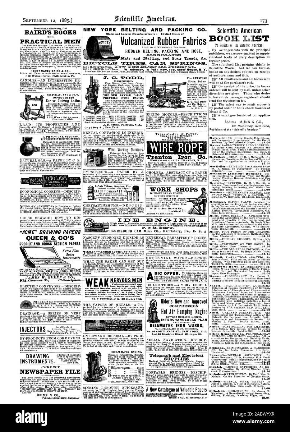 NEW YORK cinghie ed Packing Co. Gomma vulcanizzata tessuti cinghie di gomma imballaggio flessibile e stuoie e stair battistrada &c. Bxc"punta rczlD138 C7.A. SEAP1R. ar BAIRD I LIBRI DI UOMINI PRATICI HENRY CAREY BAIRD & C 810 Walnut Street. Philadelphia Pa. tutti newsdealers. -ACME' disegno profilo di documenti e strumenti di composizione. PE.R.FEC2' giornale indirizzo FILE MUNN & CO. Produttore. Il NEV BAXT1. Patena " Salute del cofano e la visiera a. Uomini nervoso BOOKWALTER MOTORE. Trenton Iron Co. WORKS E OFFICE TRENTON N. J. Barnes di brevetto della potenza di piede DELAMATER Iron Works n. 16 CORTLANDT ST. NEW YORK. N. Y. Telegraph Foto Stock