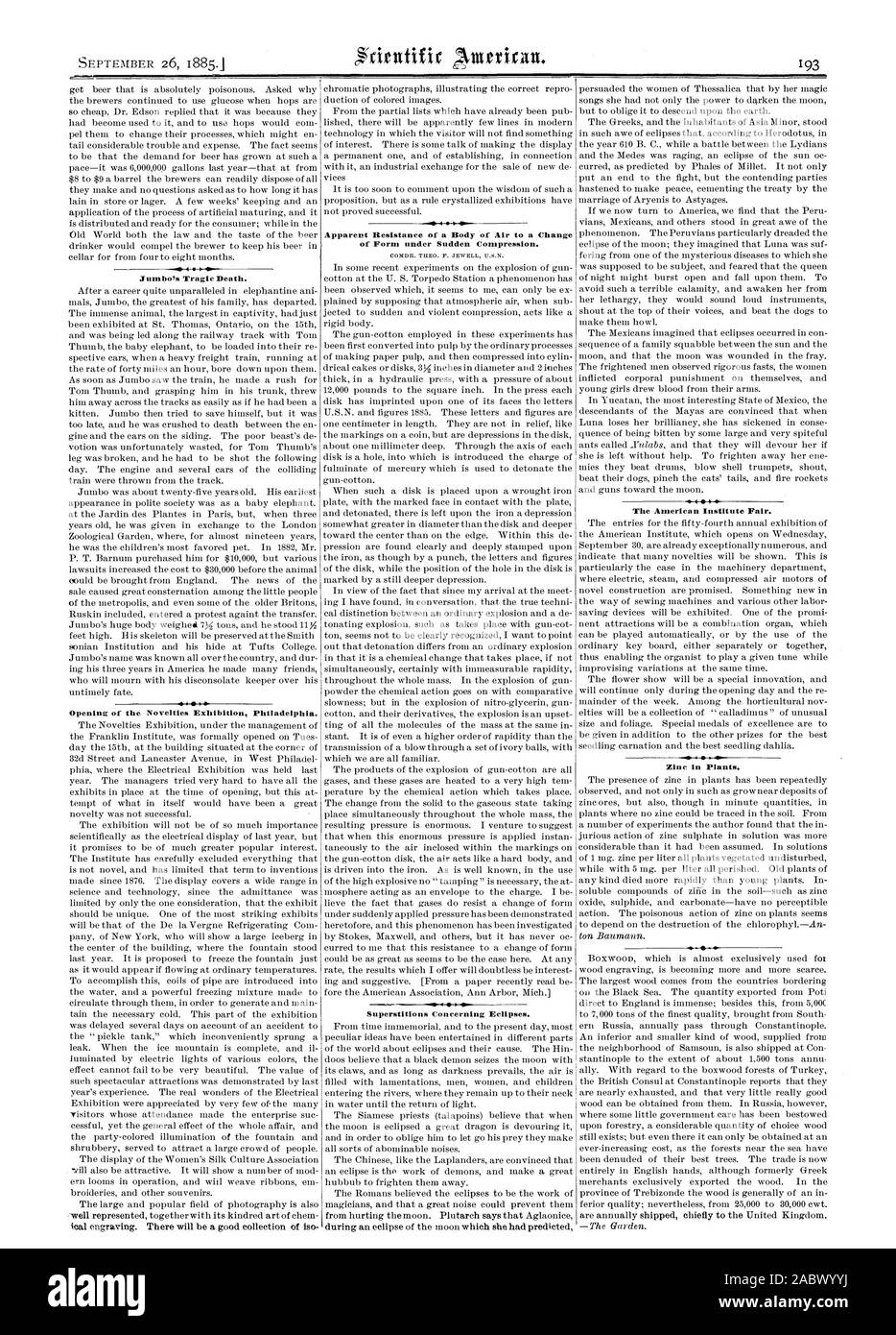 Jumbo la tragica Beath. Apertura della mostra le novità di Philadelphia. Resistenza apparente di un corpo di aria per un cambiamento di forma sotto compressione improvvisa. Le superstizioni relative eclissi. L'istituto americano fiera. Lo zinco in piante., Scientific American, 1885-09-26 Foto Stock