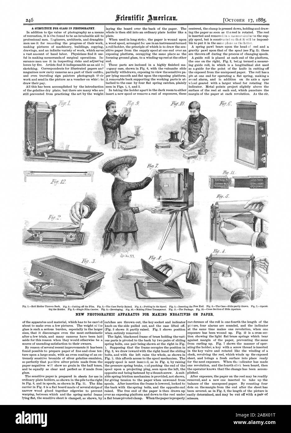 Un sostituto per il vetro in fotografia. Nuovo apparato fotografico per rendere NEGATIVI SU CARTA., Scientific American, 1885-10-17 Foto Stock