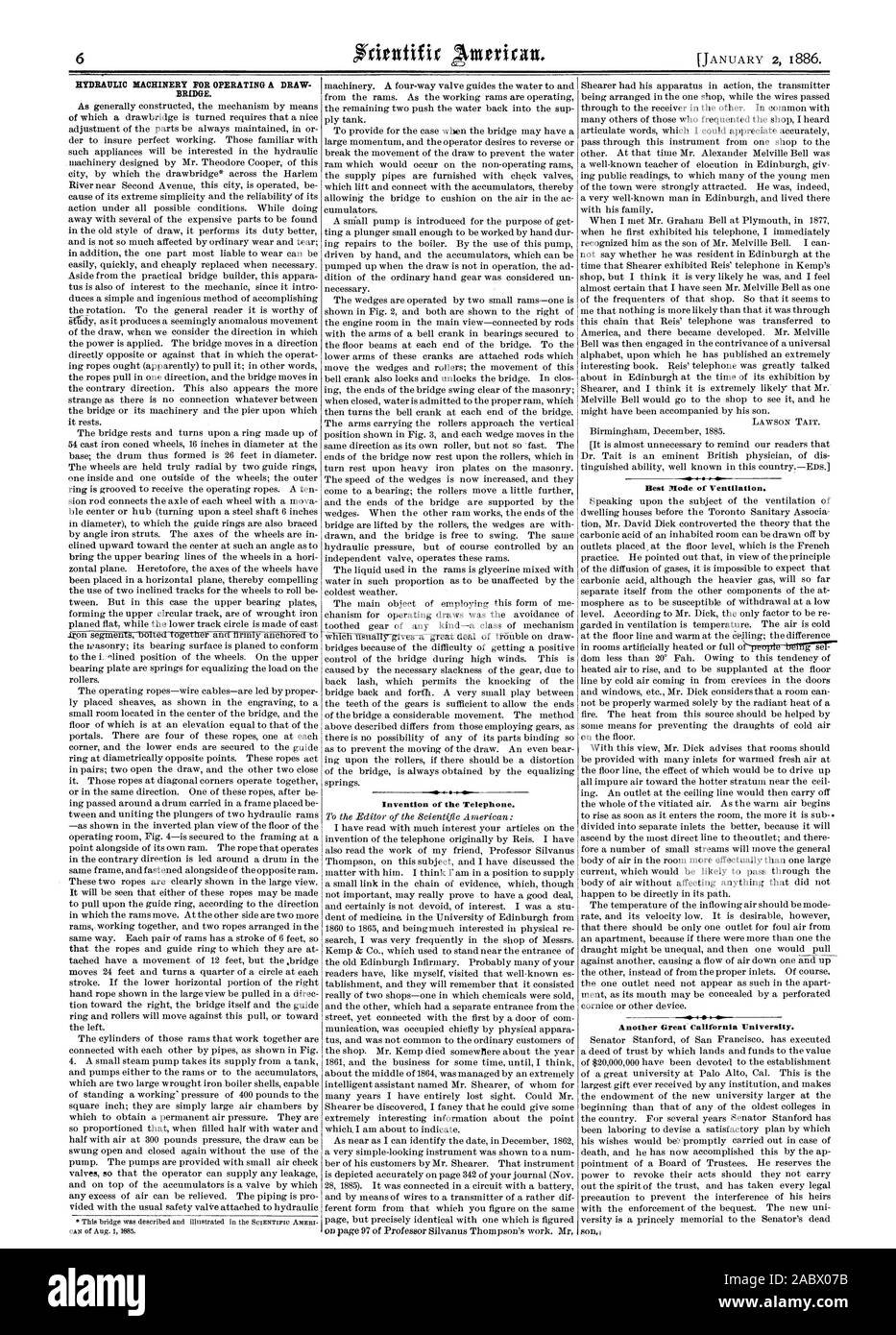 Ponte. Invenzione del telefono. Migliore modalità di ventilazione. Un altro grande università della California., Scientific American, 1886-01-02 Foto Stock