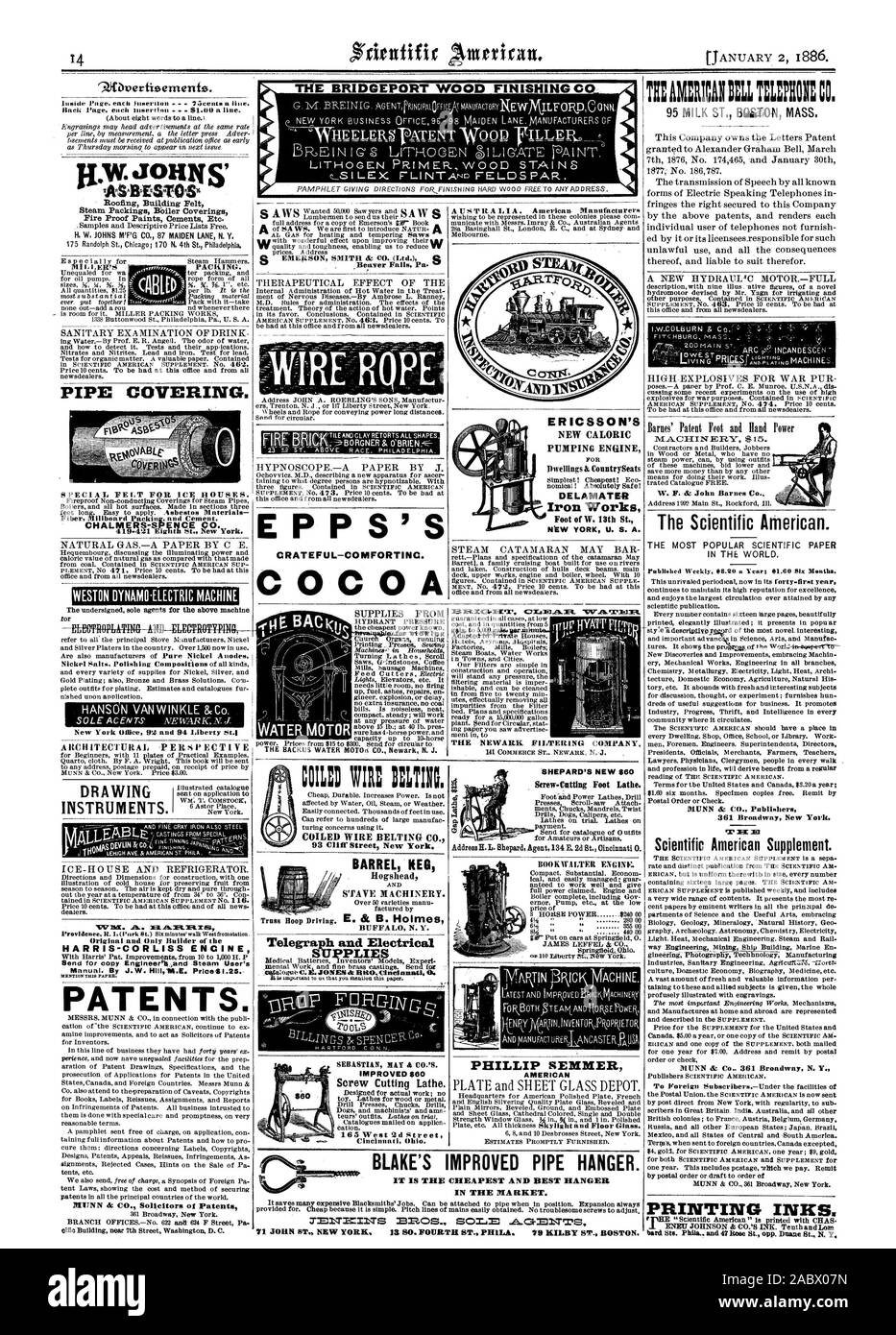 LW JOHNS' edificio coperture feltro imballaggi vapore depositante rivestimenti a prova di fuoco vernici cementi ecc. H. W. JOHNS M'F'G CO. 87 MAIDEN LANE N. Y. copertura del tubo. Feltro speciale per case di ghiaccio. CHALMERS-S ENCE CO. 419-421 Kightls San New York. Ufficio di New York 92 e 94 Liberty San1 ARCHITECTURAL - strumenti di prospettiva. 1 CE -h ouse e frigorifero. Originale e unica artefice di HARRIS-CORL.ISS ENCINE inviare per copiare Englneer'ILand .il vapore dell'utente menzionare questa carta. Brevetti. MUNN dc CO. Gli avvocati di brevetti Beaver Falls Pa. "PHERA.PEUTICAL EFFETTO DELL'EPPS'S CRATEFUL-COMFORTINC. Il cacao Sebastian può Foto Stock