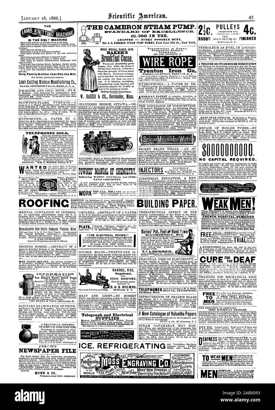 Il Cameron pompa a vapore. La è ilsolo macchina solo famiglia Knitterthatfills bolletta. Van Dnzen brevetto della pompa a vapore MUNN & CO. Medaglia d'oro Parigi 1878. Panettiere filo di corda Trenton Iron Co. Ospedale francese rimedi ANENCY CIVIALE. No.174 Fulton Street.New York ME per i telefoni venduti. ANTED 'LA REVISIONE ELETTRICA' barile barile Hogshead doga macchinari. E. & B. HOLMES Telegrafo e forniture elettriche il 00000000001 n. capitale richiesto. 1f pulegge EAFNESS 6°P.A-1V3=1.A.1=1.D M2C-CMX-ii-N2D1VCM. 30000 in uso. Adattato a EVEBY possibile obbligo. ROOFINC COSTRUZIONE DELLA CARTA. Il Ghiaccio. Per refrigerazione, scientifica Foto Stock