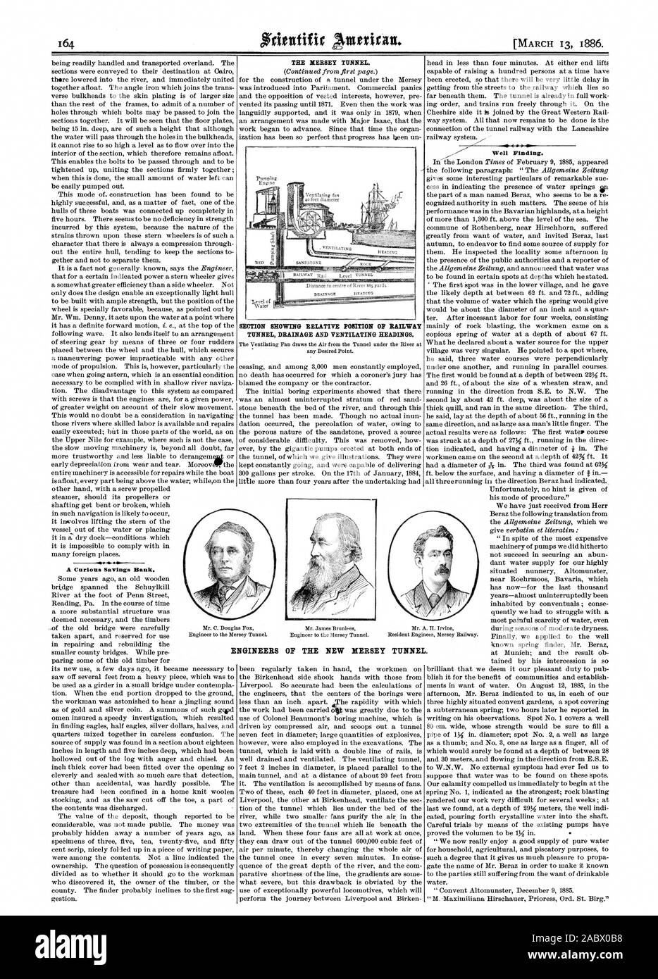 Il 13 marzo 1886. Un curioso risparmi Hank. Il MERSEY TUNNEL. La sezione mostra la posizione relativa OP galleria ferroviaria di drenaggio e rubriche di ventilazione. Beh trovare. Gli ingegneri della nuova MERSEY TUNNEL., Scientific American, 86-03-13 Foto Stock