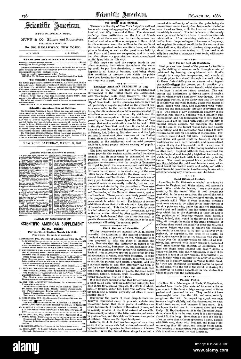 MUNN St CO. Editori e proprietari. No. 361 Broadway New York. Termini per la Scientific American. Il Scientific American Supplement Scientific American edizione di esportazione. Contenuto. SCIENTIFIC AMERICAN SUPPLEMENTO 5$3 TROPPO MU capitale minimo. Proposta di AMERICAN ESPOSIZIONE IN IOW estratto fluido di Camellia. Nuovo impiego per la produzione di aria fredda macchine. Effetti irreversibili di alcol. Pesci congelati., 1886-03-20 Foto Stock