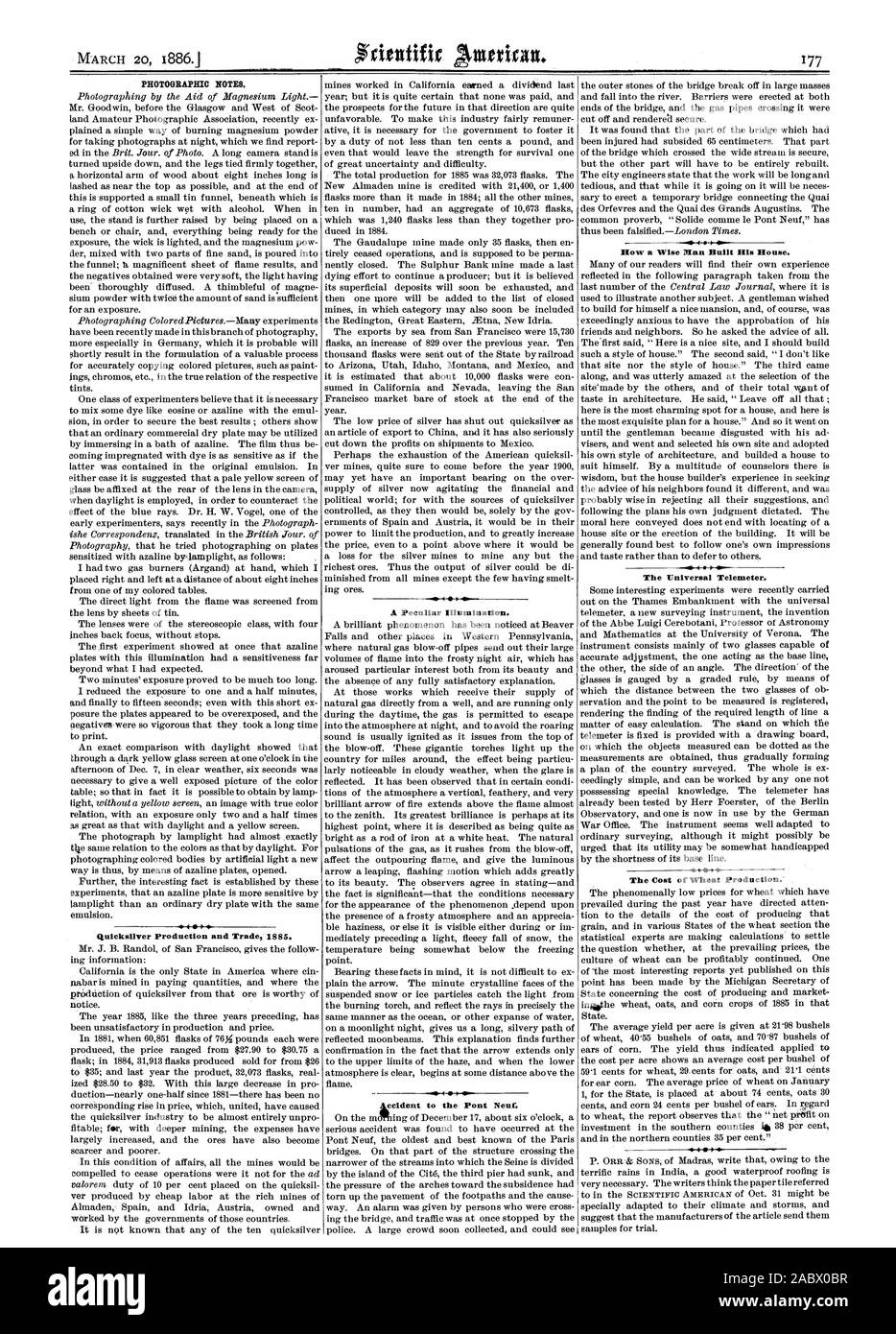 Note fotografiche. Quicksilver Produzione e commercio 1885. Una particolare illuminazione. Incidente al Pont Neuf. Come un uomo saggio costruito Mali House. Il Telemetro universale. Il costo di produzione di frumento. ".4 , Scientific American, 1886-03-20 Foto Stock