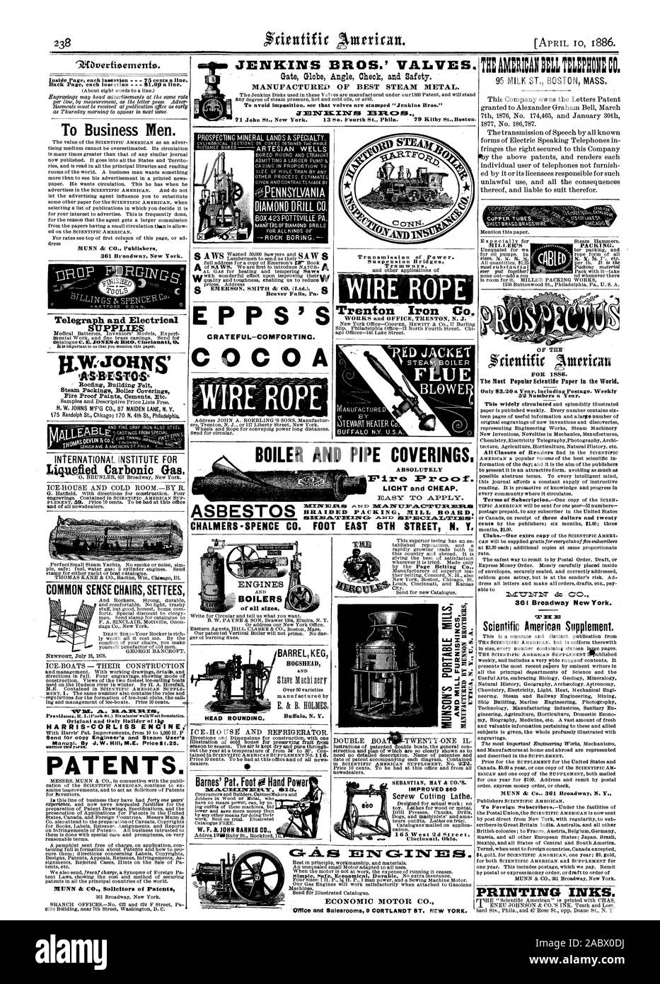 All'interno di ciascuna pagina di inserimento 75 centesimi una linea. Per gli uomini d' affari. MUNN a CO. Gli editori 361 Broadway New York. Telegrafo Elettrico e S !veli - Copertura edificio feltro imballaggi vapore caldaia rivestimenti a prova di fuoco vernici cementi ecc. H. W. JOHNS M'F'G CO. 87 MAIDEN LANE N. Y. ISTITUTO INTERNAZIONALE PER ICE-ROUSE E FREDDO ROOMBY R. IL SENSO COMUNE Sedie Poltrone brevetti. CRATEFUL-COMFORTINC. pit motori caldaie mo me barile barile HOGSHEAD Buffal N. Y. TOE-HO uso e frigorifero. 1O1a. Ev AMIRICANIILLT::01: CO. 95 Latte ST. BOSTON MASS. Questa società possiede le lettere di brevetto concesso a Alexander Graham Foto Stock