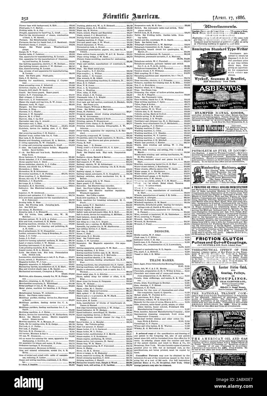Disegni e modelli. Marchi. calibuertioernents. Torna alla pagina precedente ogni inserzione B1.00 una linea. Remington Standard Wyckoff Type-Writer Seamans & Benedetto metallo stampato MERCI IL PETROLIO COME COMBUSTIBILE IN LOCOMO UN TRATTATO SULLA caldaia a vapore della incrostazione FRIZIONE pulegge e cut-off accoppiamenti. Effetto TERAPEUTICO DEL TRANSITO NAZIONALE COM AMERICAN DI PETROLIO E DI GAS. woraM17 . In Pulegge ingranaggi giunti. VAN presagi di scala meccanica, Scientific American, 1886-04-17 Foto Stock Disegni e modelli. Marchi. calibuertioernents. Torna alla pagina precedente ogni inserzione B1.00 una linea. Remington Standard Wyckoff Type-Writer Seamans & Benedetto metallo stampato MERCI IL PETROLIO COME COMBUSTIBILE IN LOCOMO UN TRATTATO SULLA caldaia a vapore della incrostazione FRIZIONE pulegge e cut-off accoppiamenti. Effetto TERAPEUTICO DEL TRANSITO NAZIONALE COM AMERICAN DI PETROLIO E DI GAS. woraM17 . In Pulegge ingranaggi giunti. VAN presagi di scala meccanica, Scientific American, 1886-04-17 Foto Stock