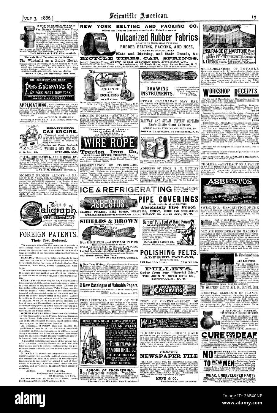 Applicazioni Van Duzen brevetto della pompa a vapore il solo vero trattato sull'argomento. Il mulino a vento come motore primario. MUNN & CO. 361 Broadway New York. Il più conveniente e miglior 80a Ej kriNii c) MOTORE CAS. GINEERING presso il Rensselaer Polytechnic un tis P03)17. Il loro costo ridotto. NEW YORK cinghie ed Packing Co. Più antiche e più grandi produttori negli Stati Uniti tot cinghie di gomma imballaggio flessibile e C01.1.1.1.T.3'Gt.A.U.'ESI 13ICI'WCIT.J TIRMSS C.'131a. SISPRI1Tubo NTGrei rivestimenti realizzati interamente in amianto. Assolutamente a prova di fuoco. Protezioni & BROWN strumenti di disegno. Caldaie di motori di trasmissione Foto Stock