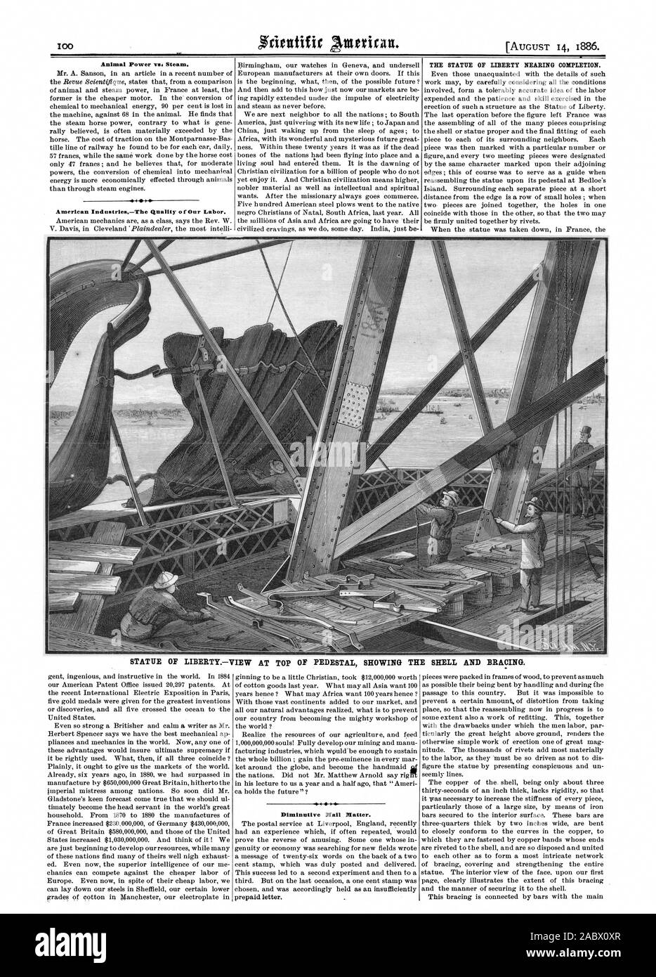 Alimentazione animale rispetto a vapore. Industrie americane la qualità del nostro lavoro. La Statua della Libertà in via di completamento. Statua di LIBERTYVIEW sulla parte superiore del piedistallo che mostra il guscio e il rinforzo di irrigidimento. Diminutivo Mail questione., Scientific American, 1886-08-14 Foto Stock