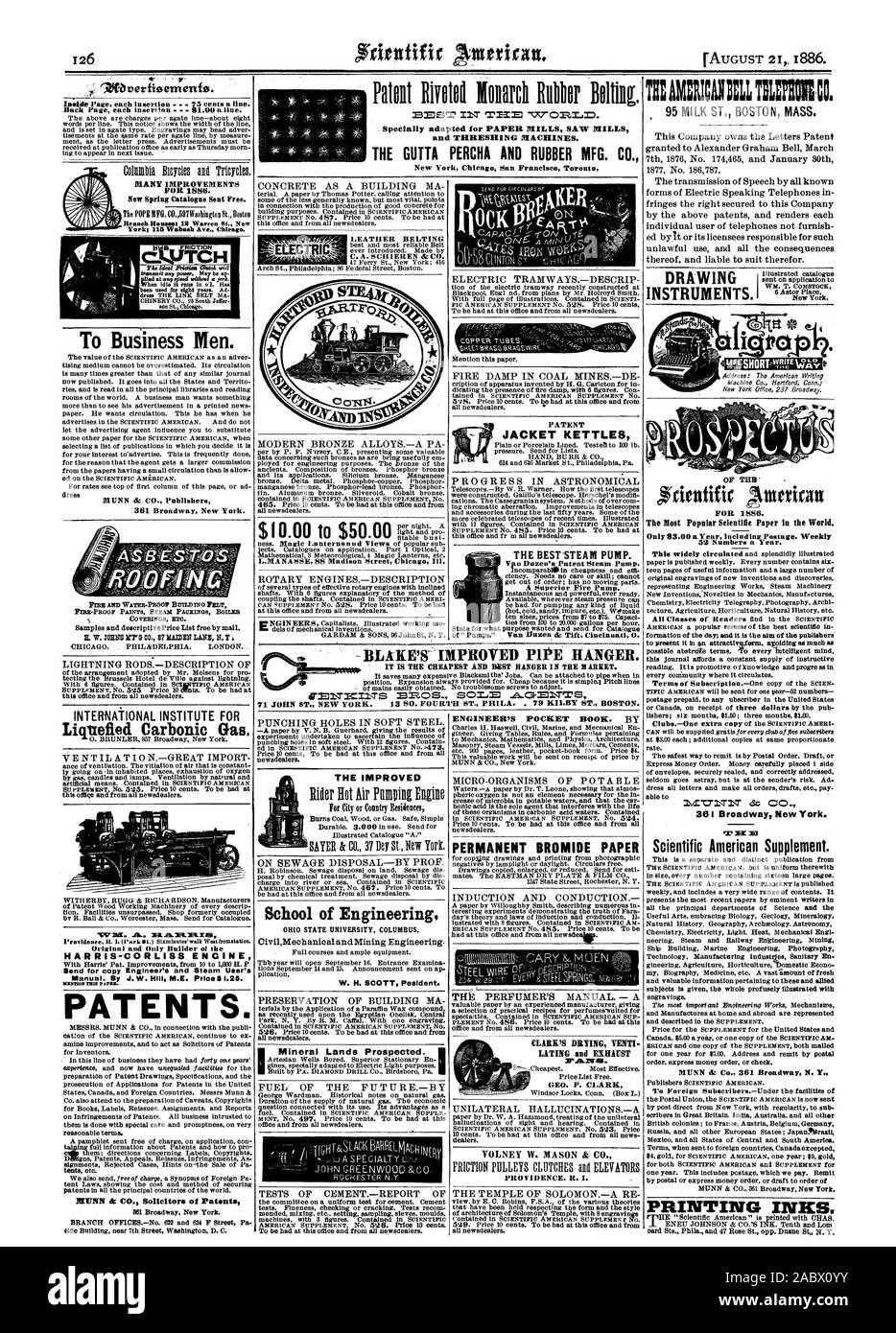 E MACCHINE DI TREBBIATURA. La GUTTA PERCA E GOMMA MFG. C lInoverfisernenfe. Molti miglioramenti per il 1886. Nuova molla catalogo inviato gratuitamente. Il Priatios ideale per uomini di affari. 361 Broadway New York. WISC. 41L. HARRIS-CORLISS motore per inviare copia del tecnico vapore e manuale dell'utente. Da J. W. HIII M.E. Prezzo.25. TOSS IIZATION BREVETTI. La migliore scuola di ingegneria W. H. SCOTT Pestilent. Bollitori a Camicia di bromuro di permanente carta il profumiere il manuale. - Un CLARK ESSICCAZIONE VENTI relativa e unilaterale di scarico allucinazioni.-una provvidenza R. I. un tirante del TRH' per 1886. rà iEl Scientific American Foto Stock