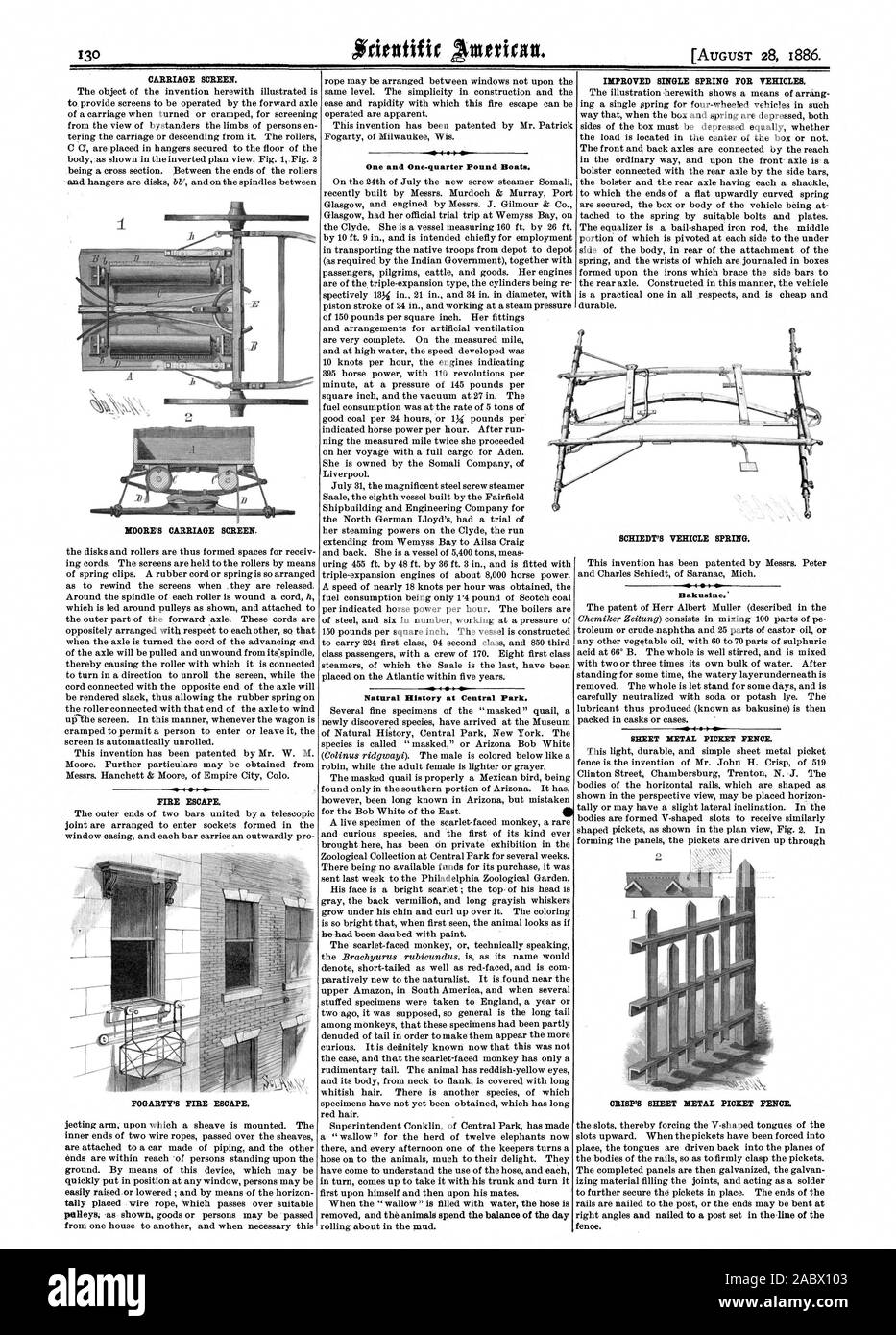 Schermata del carrello. MOORE nella schermata del carrello. Via di Fuga in caso di incendi. FOGARTY'S FIRE ESCAPE. Uno e un quarto di libbra di barche. Storia naturale di Central Park. Migliorata la molla singola per veicoli. Bakusine.' LAMIERA Picket Fence. Immagini nitide di metallo di foglio Picket Fence. SCHIEDT DELLA MOLLA DEL VEICOLO., Scientific American, 1886-08-28 Foto Stock