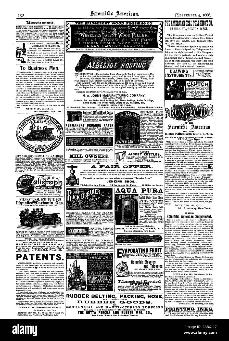 H. W. JOHNS MANUFACTURING COMPANY SOLE MANI7FICITBERS DI AMIANTO Fuoco e Acqua prova la costruzione di feltro imballaggi vapore caldaia Covcrings ST MAIDEN LANE NEW YORK. 175 Randolph San Chicago. 170 North 4a San Philadelphia. Battute House di Londra. PM: AM:RICAN 1: nli:P01t t0. Strumenti. 9.0Vertionirterifts. siviera pagina ogni inserzione 75 centesimi una linea. abito MUNN & CO. Gli editori 361 Broadway New York. NV 3E3 Ea.R.3EILI181 originale e unica artefice ot HARRIS-CORLISS ENCINE inviare copia del tecnico del vapore e dell'utente menzionare questa carta. Brevetti. Andrews' Office &Scrivanie Banca 686 Wway N.Y. Bromuro di permanente Foto Stock