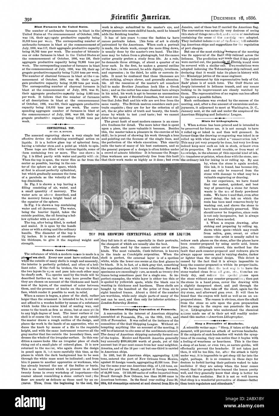 Altiforni negli Stati Uniti. Cameo moderno il taglio. La spedizione americana Convenzione in Pensacola. Suggerimenti per Lithographers. Dormire un preventivo del mal di testa. TOP per mostrare l'azione della forza centrifuga sui liquidi., Scientific American, 1886-12-18 Foto Stock