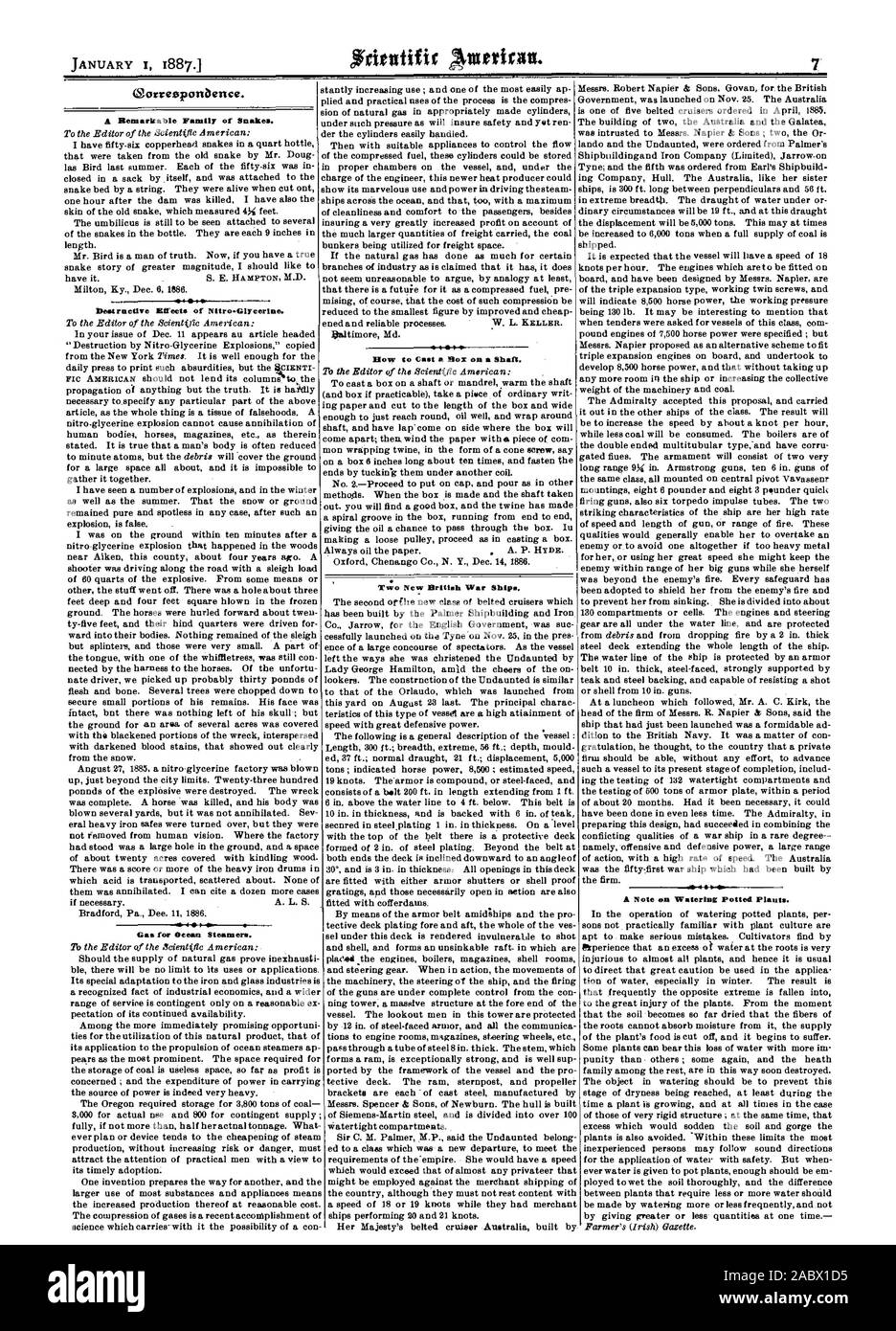 Una notevole Famiglia di serpenti. Aw'iow effetti distruttivi di Nitro-Glycerine. Gas per Ocean vaporizzatori. Archetto a gettare una casella su un albero. Irwo nuove navi da guerra inglesi. Una nota en abbeveraggio invasati., Scientific American, 1887-01-01 Foto Stock