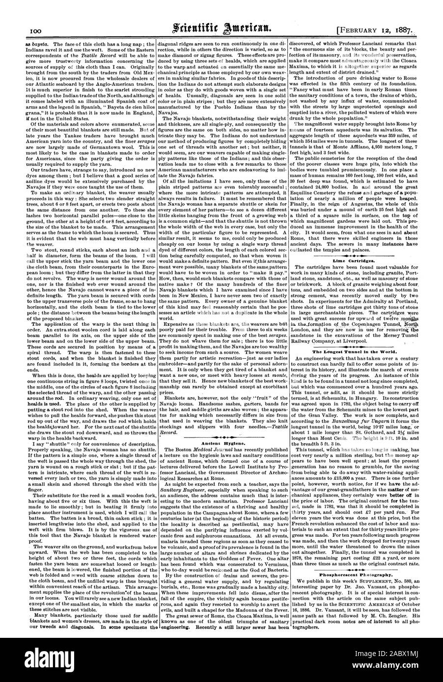 Antica igiene. 4 cartucce di lime. Il tunnel più lungo del mondo. Fotografia fosforescente., Scientific American, 1887-02-12 Foto Stock