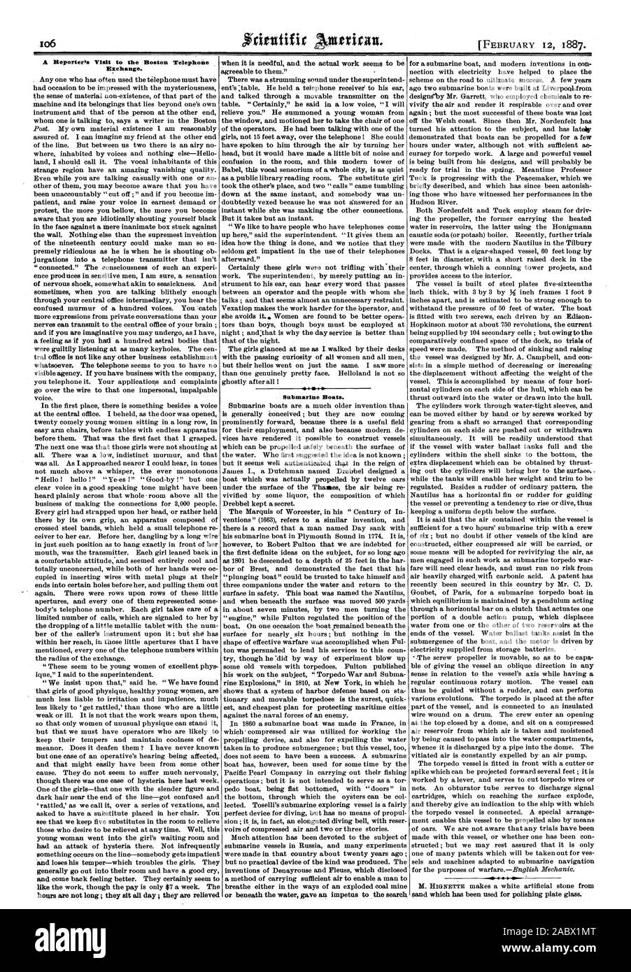 Un reporter di visita a Boston scambio telefonico. ore non sono a lungo ; essi siedono tutto il giorno ; essi vengono sollevati quando è necessaria e il lavoro effettivo sembra essere gradevole al loro'. Vi era un suono di strimpellamento sotto il sovrintendente e parlato attraverso un trasmettitore mobile sul allevia." egli convocò una giovane donna dalla finestra e ha giocato il suo assumere la presidenza di uno per un sottomarino barca e invenzioni moderne in sommergibile con barche., Scientific American, 1887-02-11 Foto Stock