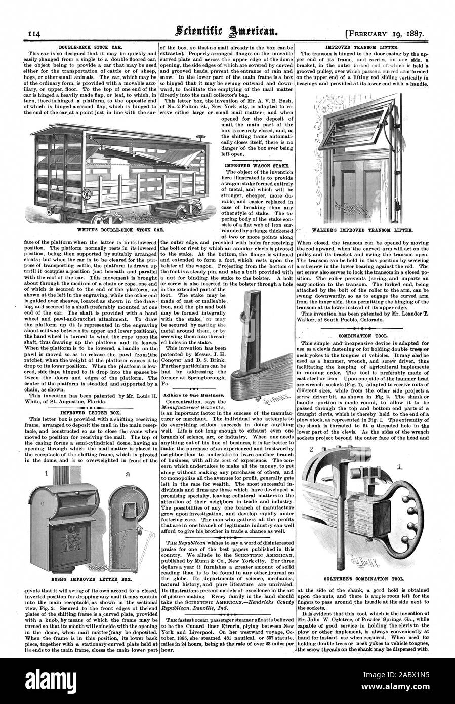 Doppio ponte di stock auto. 4 migliorata LETTER BOX. La boccola migliorata LETTER BOX. 14 4. Carro perfezionato gioco. Aderire a un'azienda. Migliorata sollevatore sullo specchio di poppa. WALKER migliorata del sollevatore sullo specchio di poppa. Attrezzo combinato. OGLETREE la combinazione strumento. le filettature di vite del gambo può essere erogato con. 3, Scientific American, 1887-02-19 Foto Stock