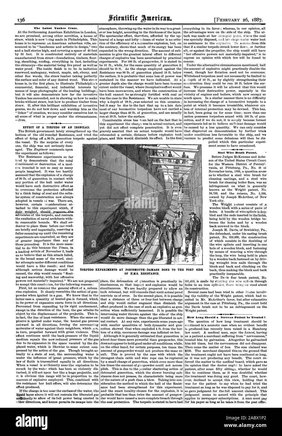 Il più recente mania Yankee. Per effetto di un siluro su una corazzata. Altre direzioni e quindi permette la sua fuga nel carbone di protezione. Il siluro ha dichiarato di aver avuto spazzola in acciaio brevetto. Quanto tempo è necessario per un paziente nervoso essere trattata per la sua carta come lungo come egli prende il post office. Siluro EX FERMENTA A PORTSMOUTH-DANNO FATTO ALLA PORTA LATERALE DEL H.M.S. Resistenza., Scientific American, 1887-02-26 Foto Stock